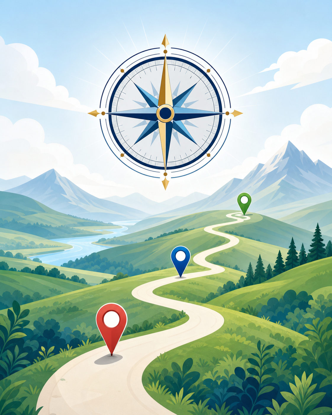 Illustrated career path with compass and route markers