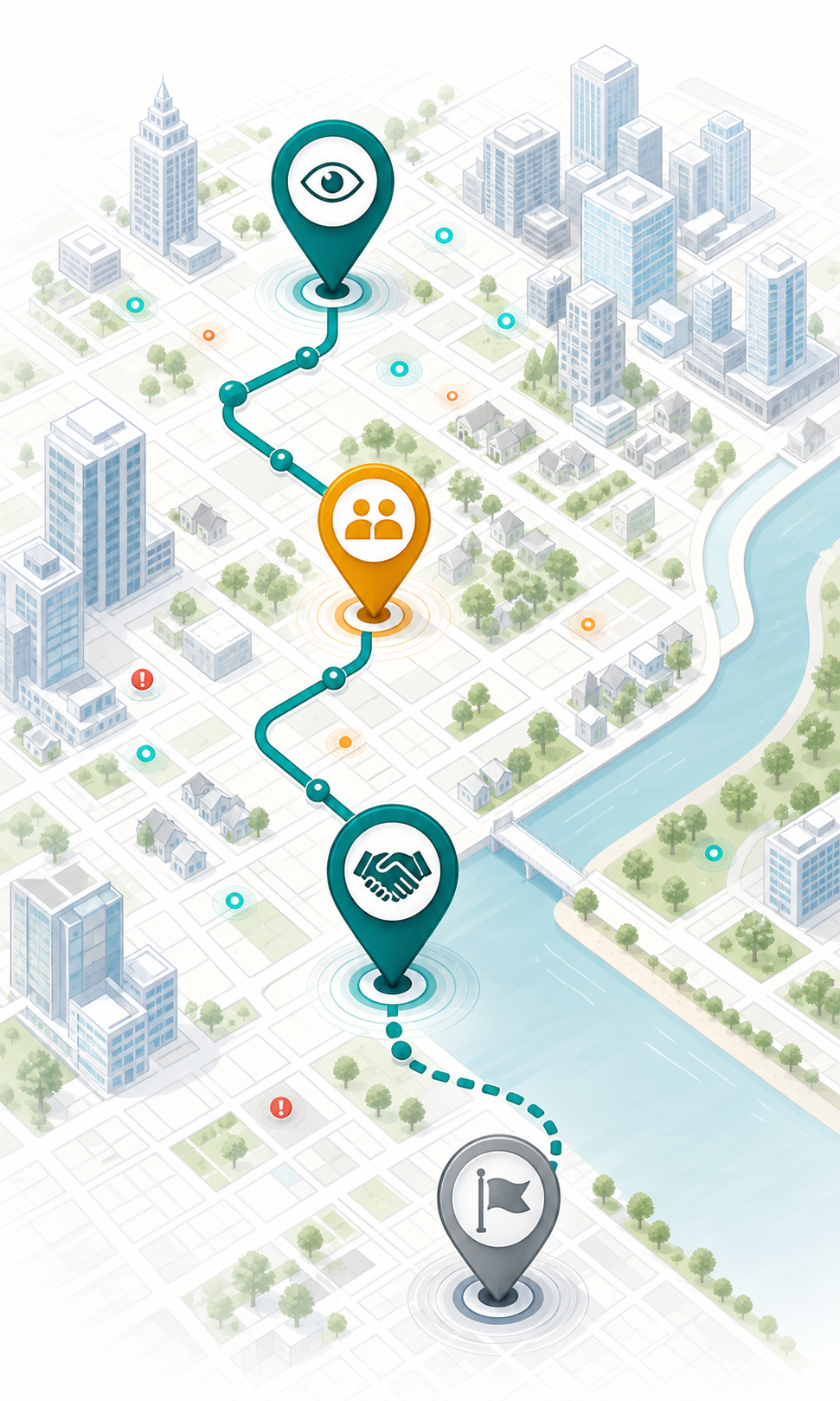 Illustrated route map with markers representing a manager update path