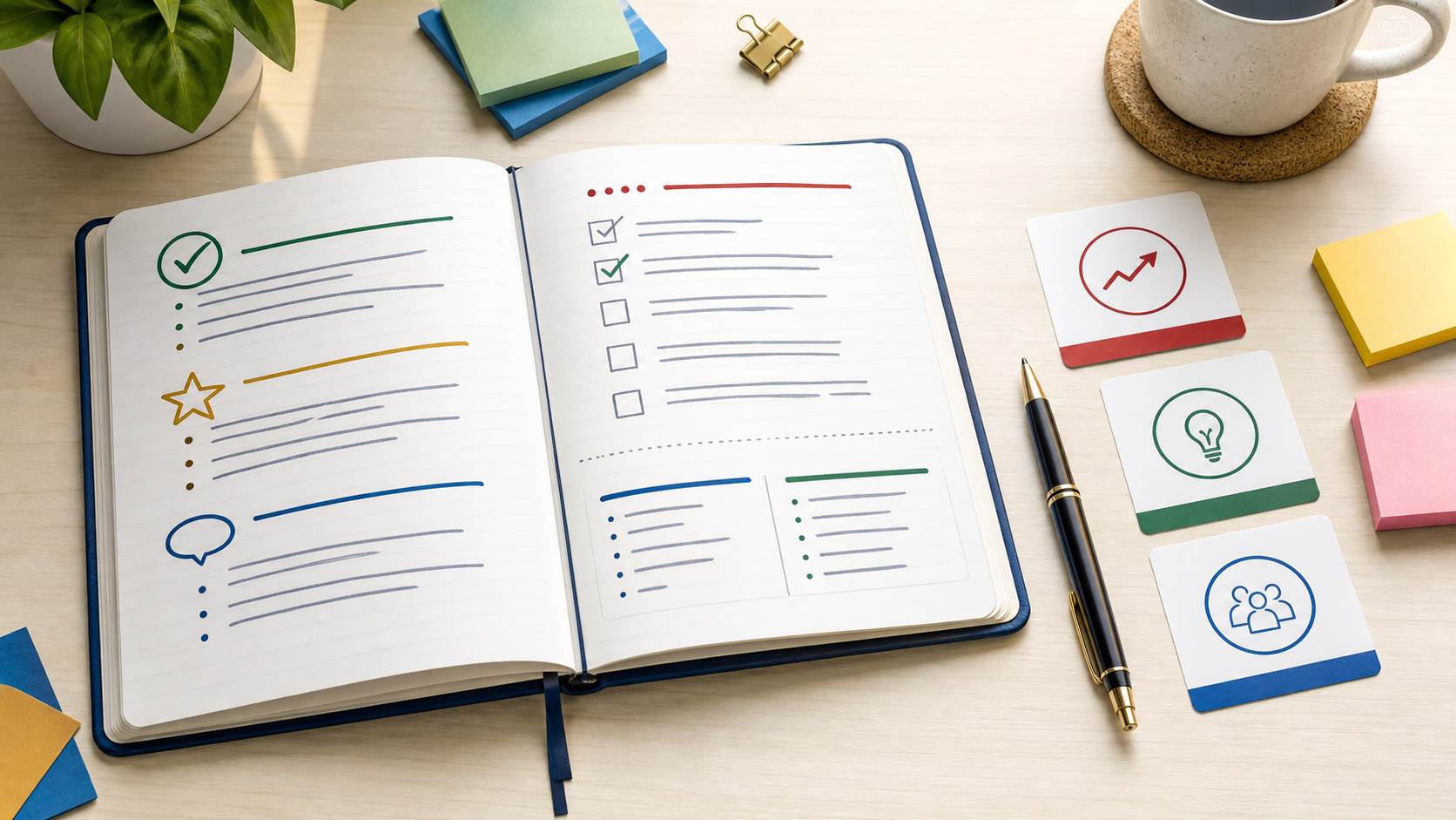 Open notebook with abstract interview debrief notes and signal cards